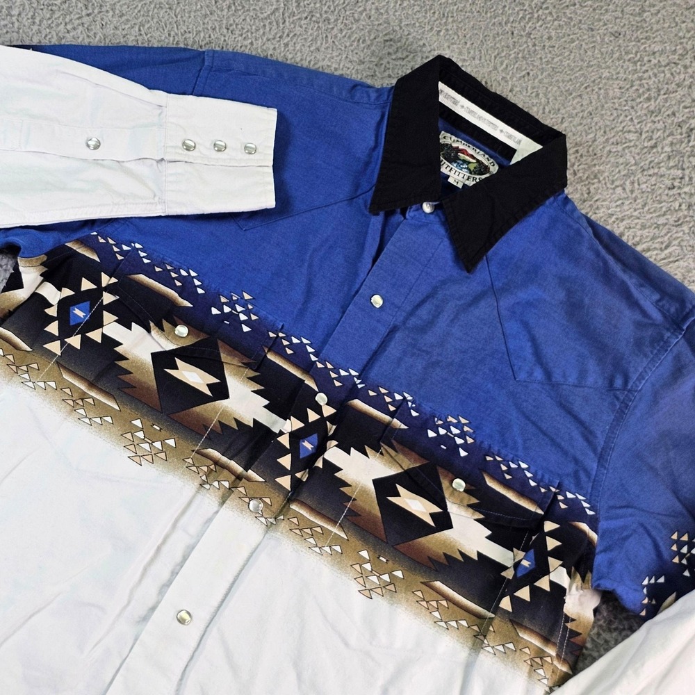 Vintage Cumberland Outfitters Shirt Mens Medium Blue Aztec Western Pearl Snap
